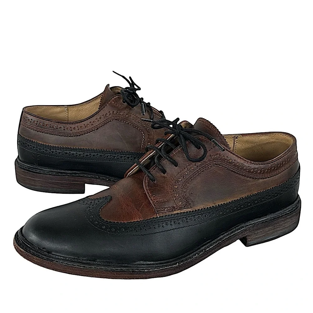 Frye Graham Wingtip Oxford Shoes Lace Up Leather Brogue Two-Tone Black Brown 9.5 - Picture 1 of 12